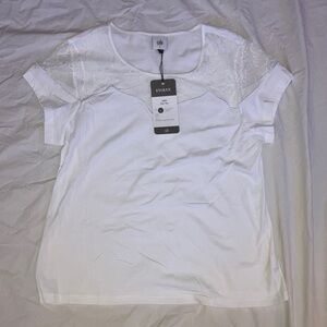 NWT CAbi Flirt Tee #4569: White Short Sleeve Top with Lace Detail